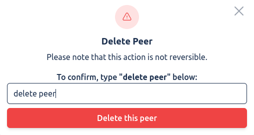 A screenshot of the Rafiki Admin application user interface displaying the "Delete Peer" modal window.